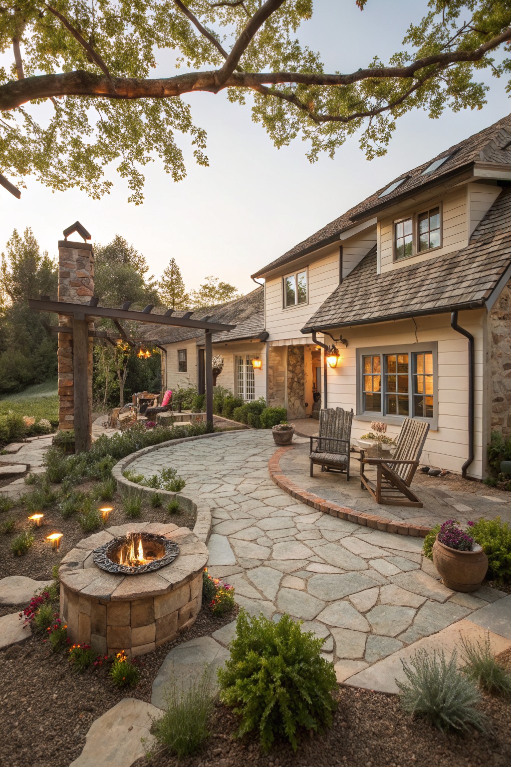 A rustic farmhouse exterior with a large flagstone patio, wooden chairs, and a circular stone fire pit set in a landscaped garden area.