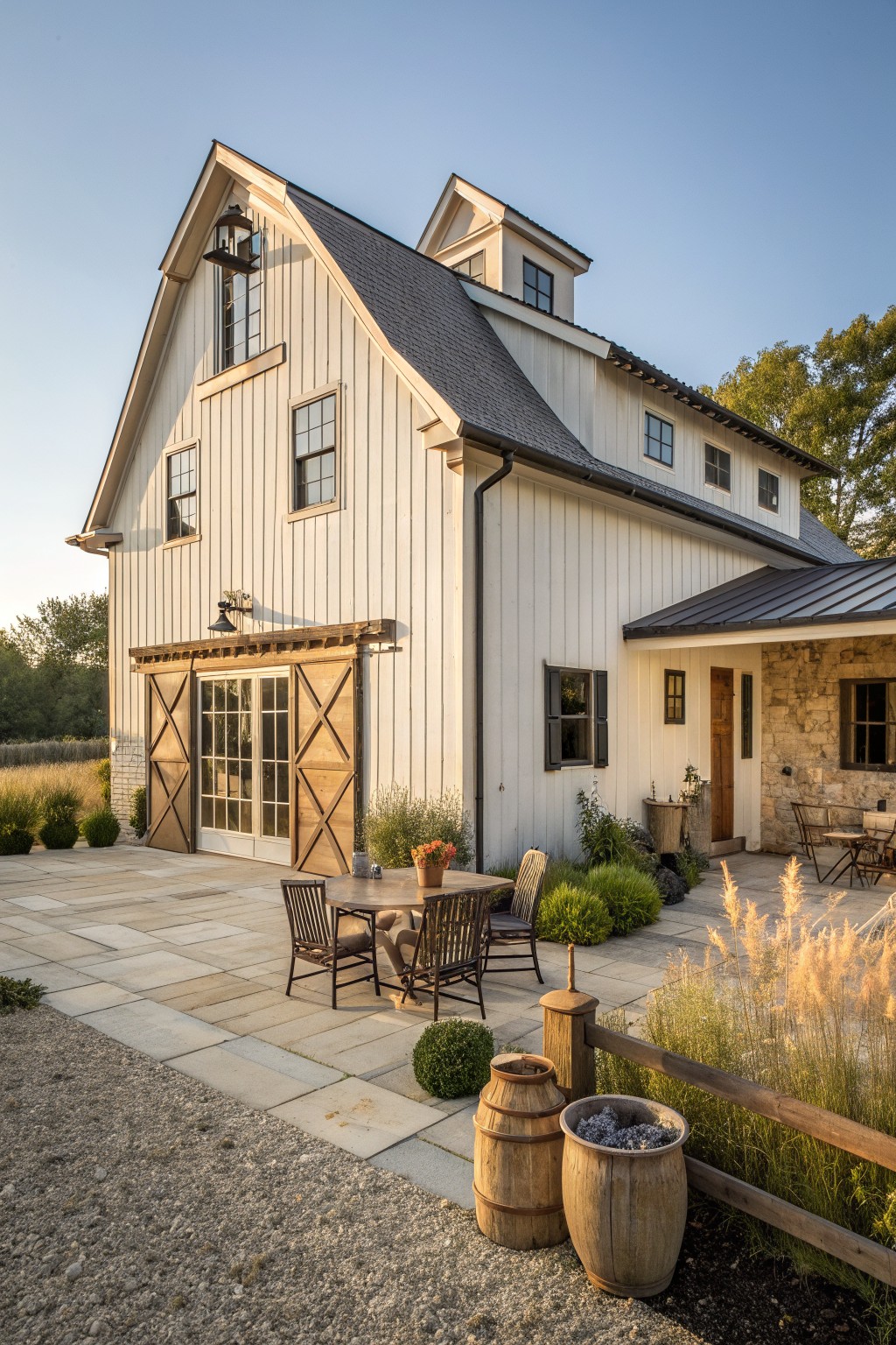 White barn house with patio table, chairs, wooden barrels, and lush greenery.