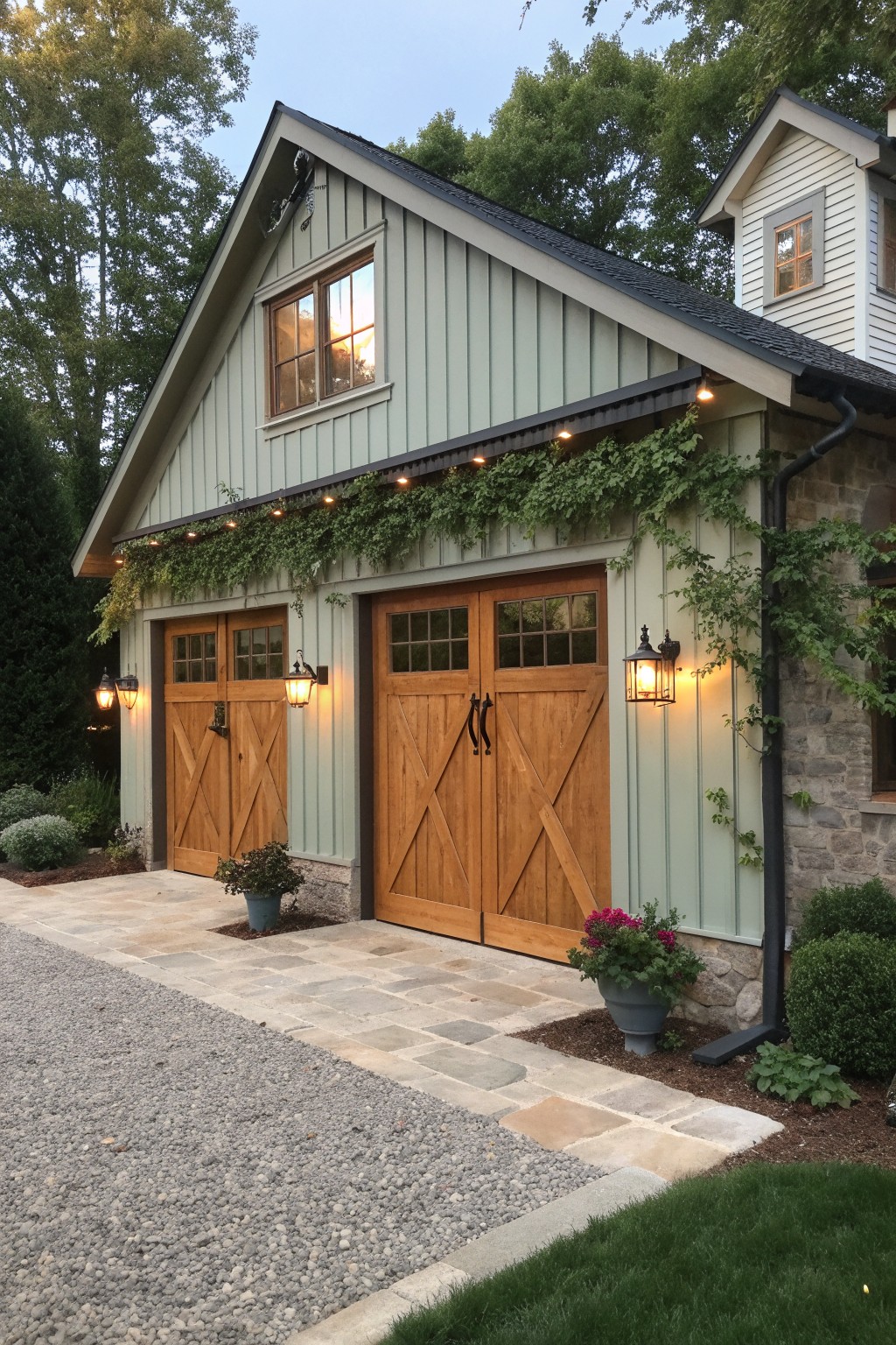 A two-story house exterior with light green siding, stone foundation on the right, and two sets of wooden barn-style garage doors featuring X-bracing and divided glass windows, accented by string lights and climbing vines.