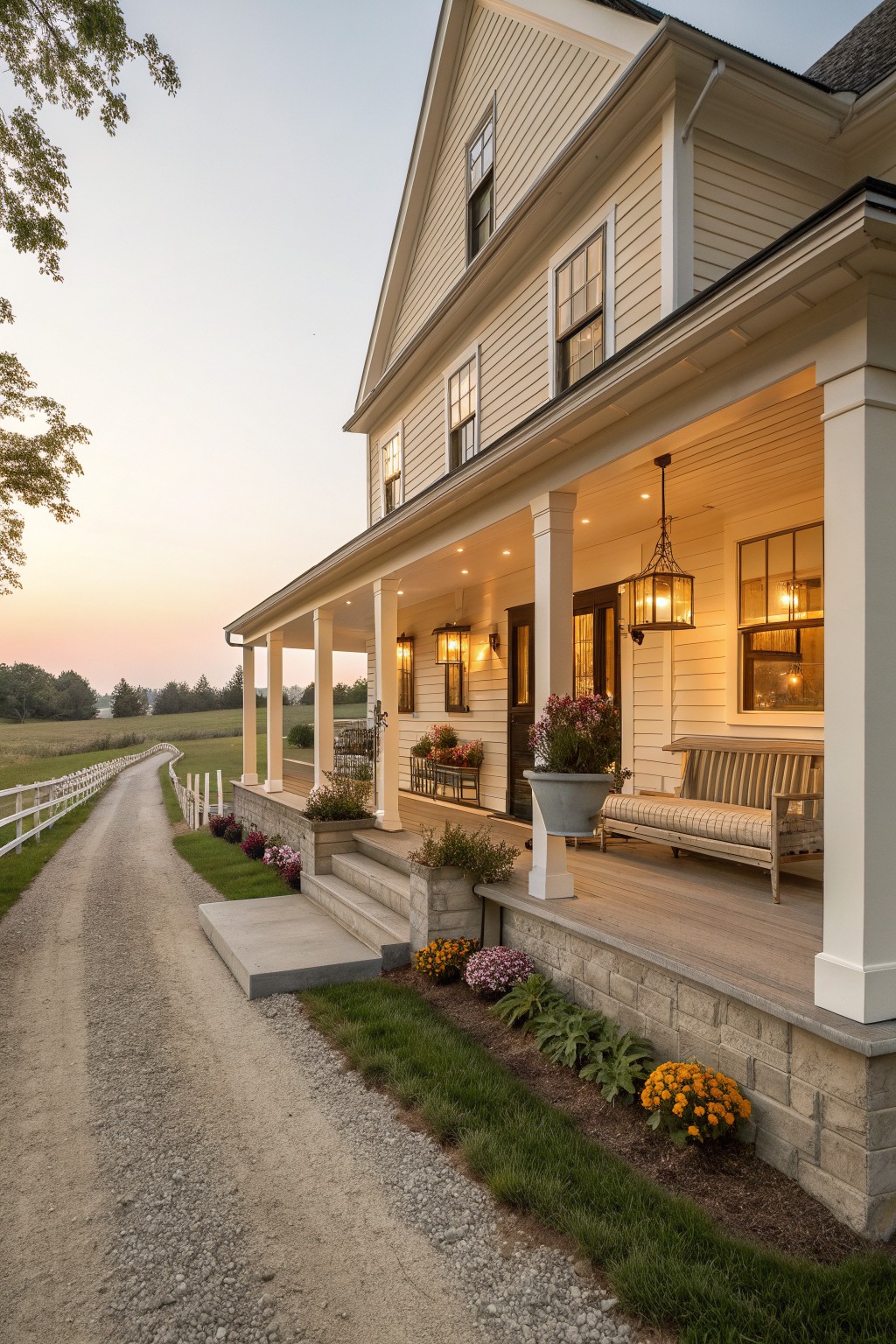 A white two-story farmhouse exterior with a long wooden front porch, white columns, stone foundation, and several hanging lanterns at dusk.