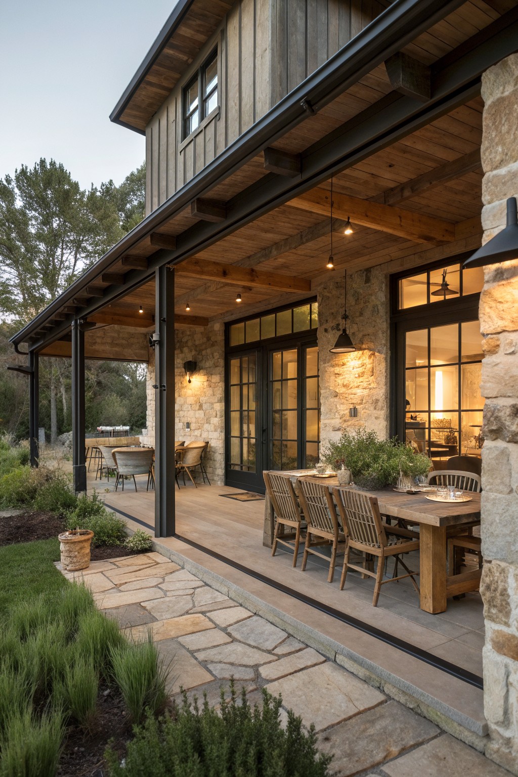 A rustic farmhouse exterior showing a covered wooden porch with a large dining table and chairs, stone walls, and glass doors leading inside.