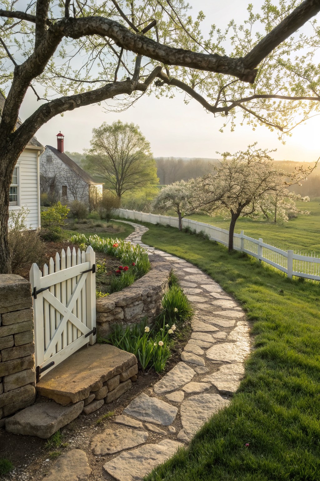 A white farmhouse with a red chimney stands behind a winding stone path bordered by flower beds, a white picket gate, and a wooden fence.