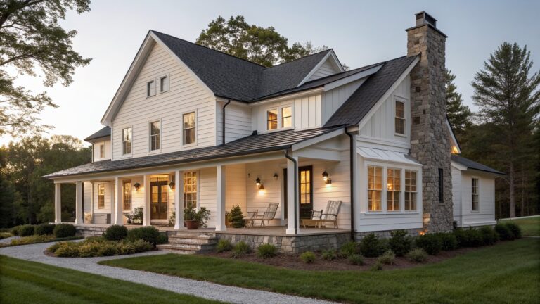 16 Timeless Rustic Farmhouse Exterior Ideas for Traditional Country Homes A two-story white farmhouse with vertical siding, stone foundation and porch walls, dark roof, covered porch, and stone steps leading to the entrance.