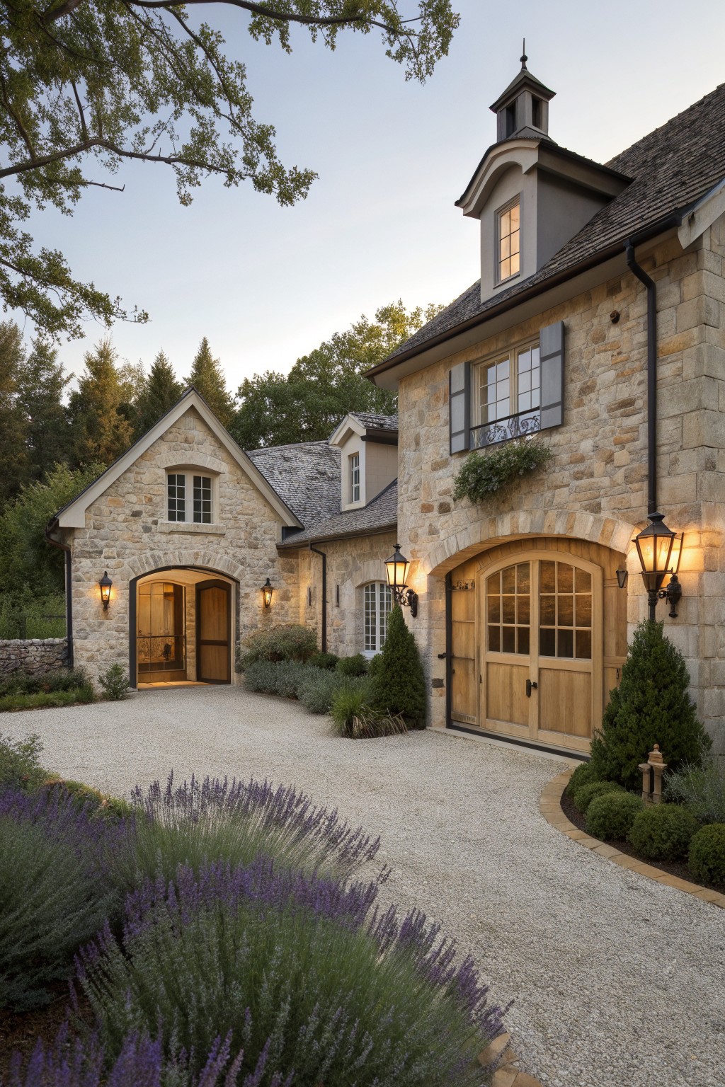 A stone house exterior featuring wooden garage doors, arched openings, and lantern lighting along a gravel driveway.