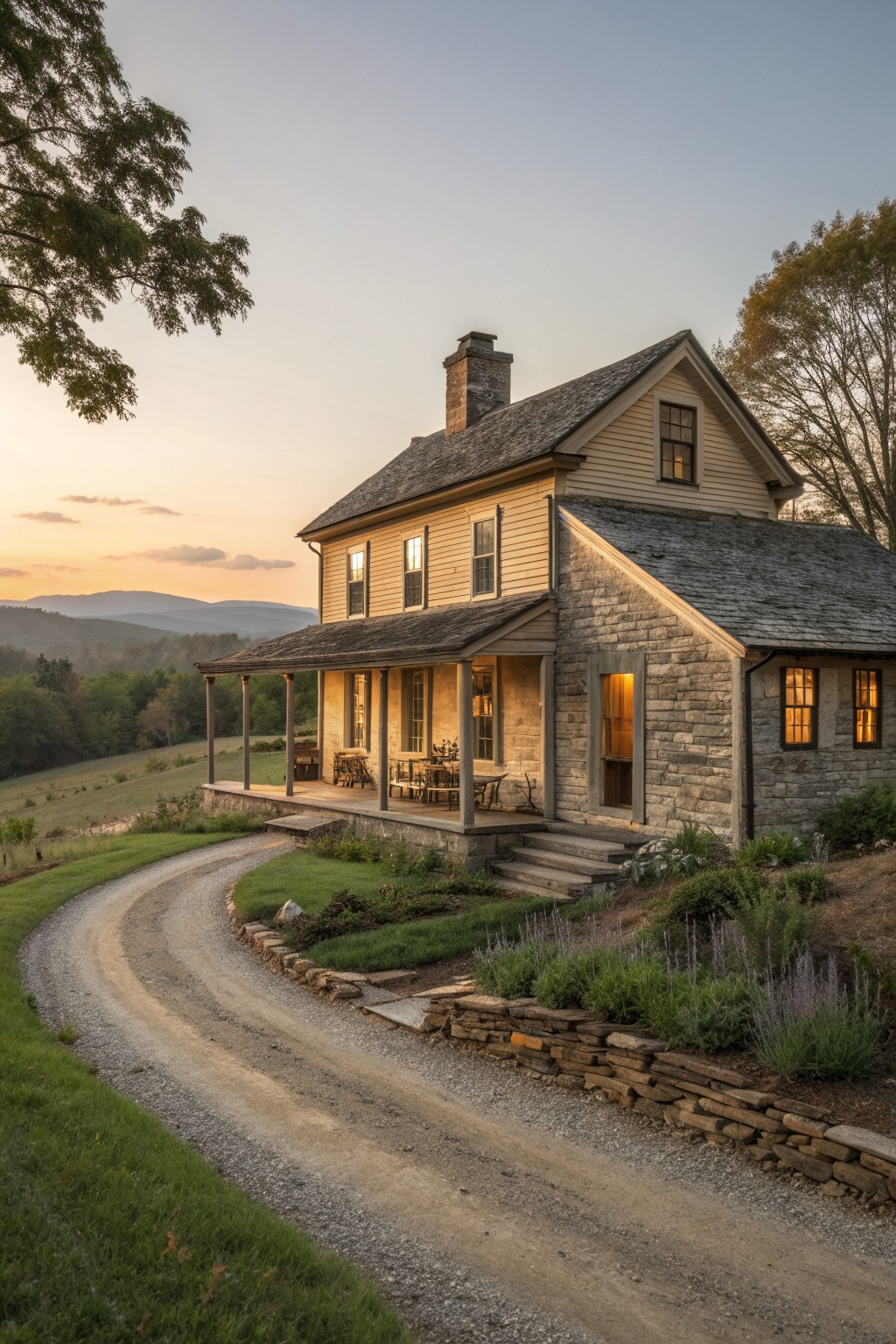 Rustic stone-and-wood farmhouse with porch, lit windows, and curving gravel driveway at sunset.