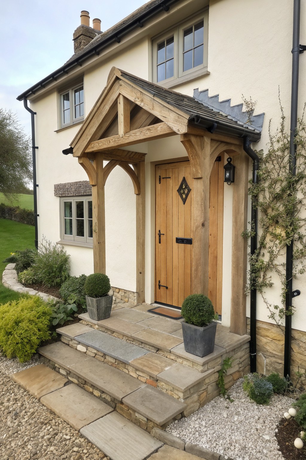 A cream house exterior with a wooden gabled porch canopy over a light wood front door, stone steps, and potted plants on either side.