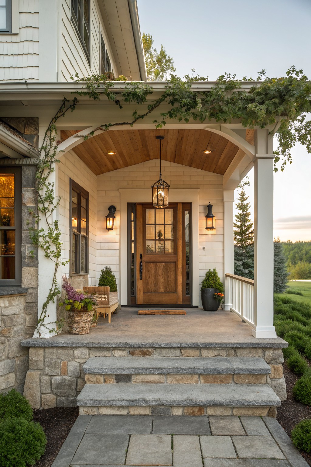 Front view of a white house with stone foundation showing a wooden front door under an arched wood porch ceiling, with wall lanterns, climbing vines, potted plants, and stone steps.