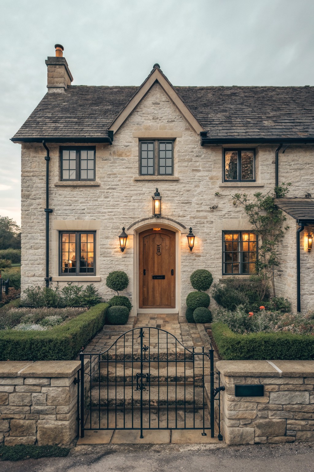 A stone house with a central wooden door under an arch, lit lanterns on either side, multiple windows, and a black metal gate at the front steps.