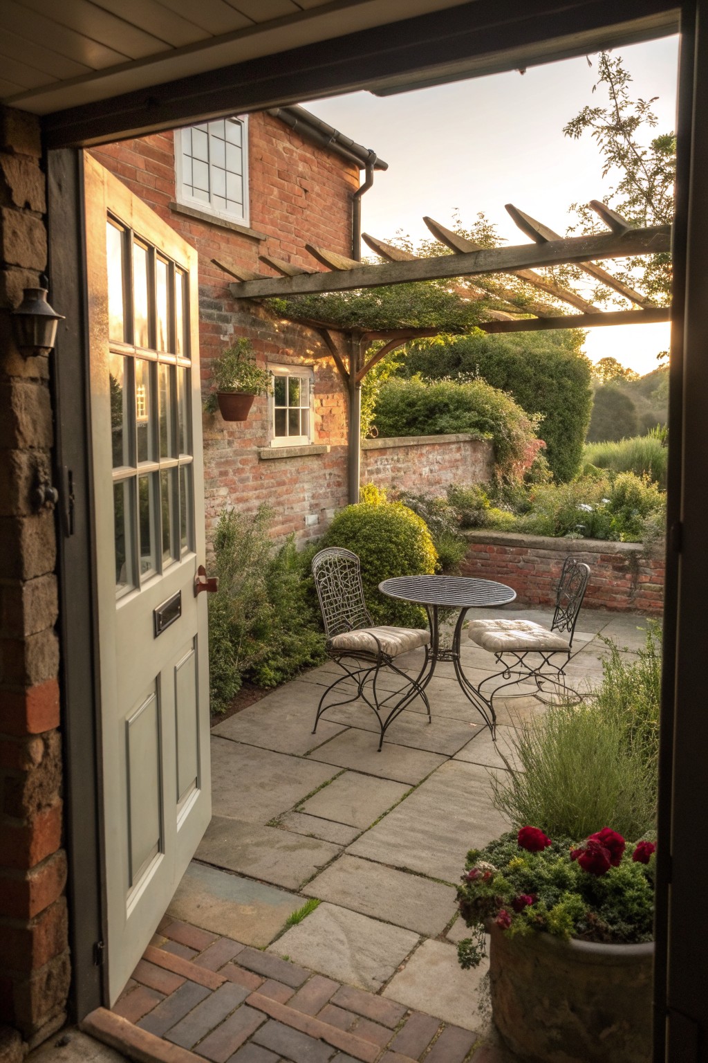 A view from an open door onto a stone patio with a round metal table and two chairs under a wooden pergola attached to a brick house.