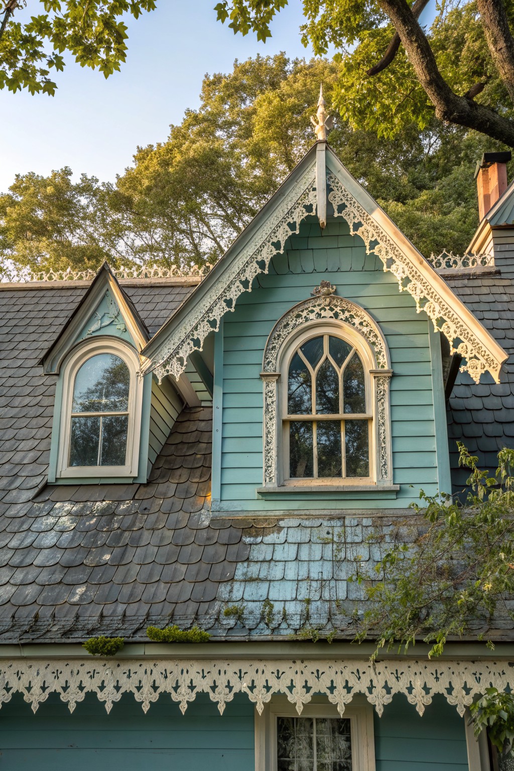Ornate Victorian house with pale teal siding, white gingerbread trim, and arched windows.