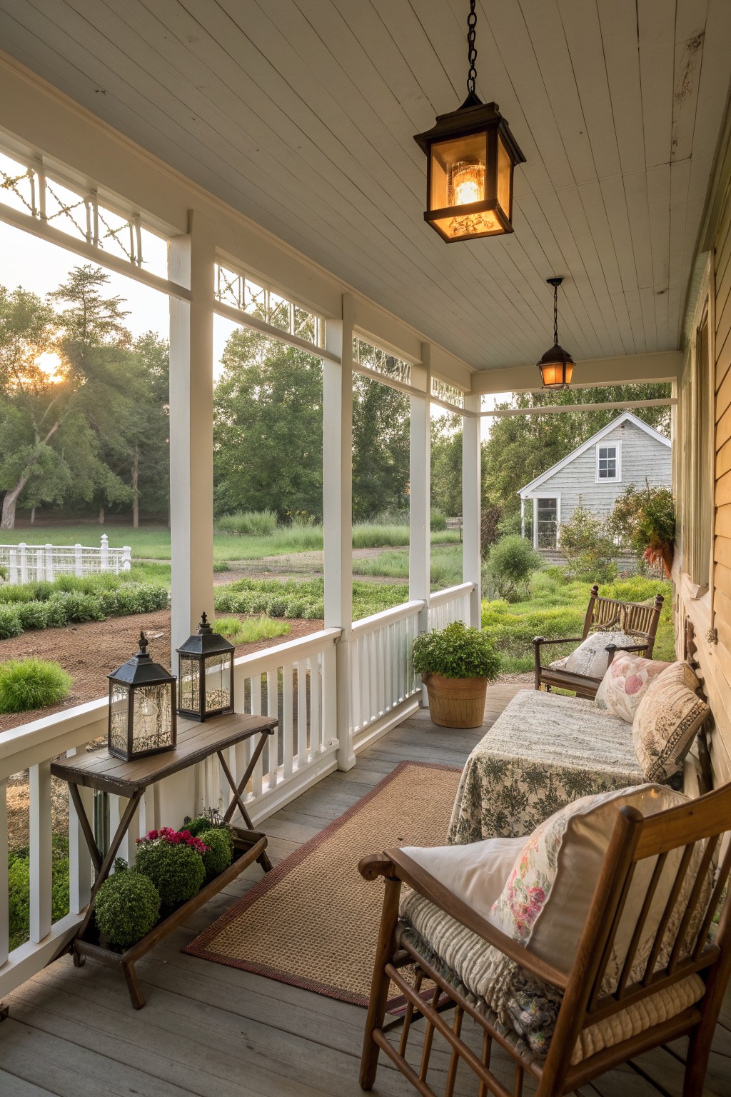 A wooden porch with cushioned rocking chairs, a daybed, lanterns, and potted plants overlooks a garden and house in the distance.