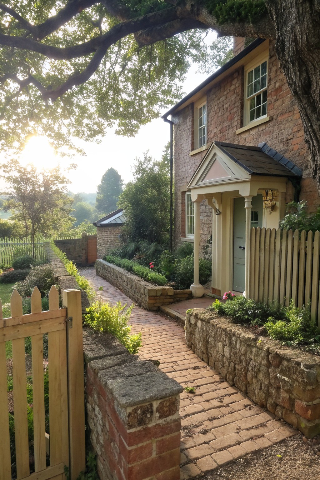 A stone Victorian farmhouse exterior with a pedimented entry portico, brick pathway, and low garden walls.