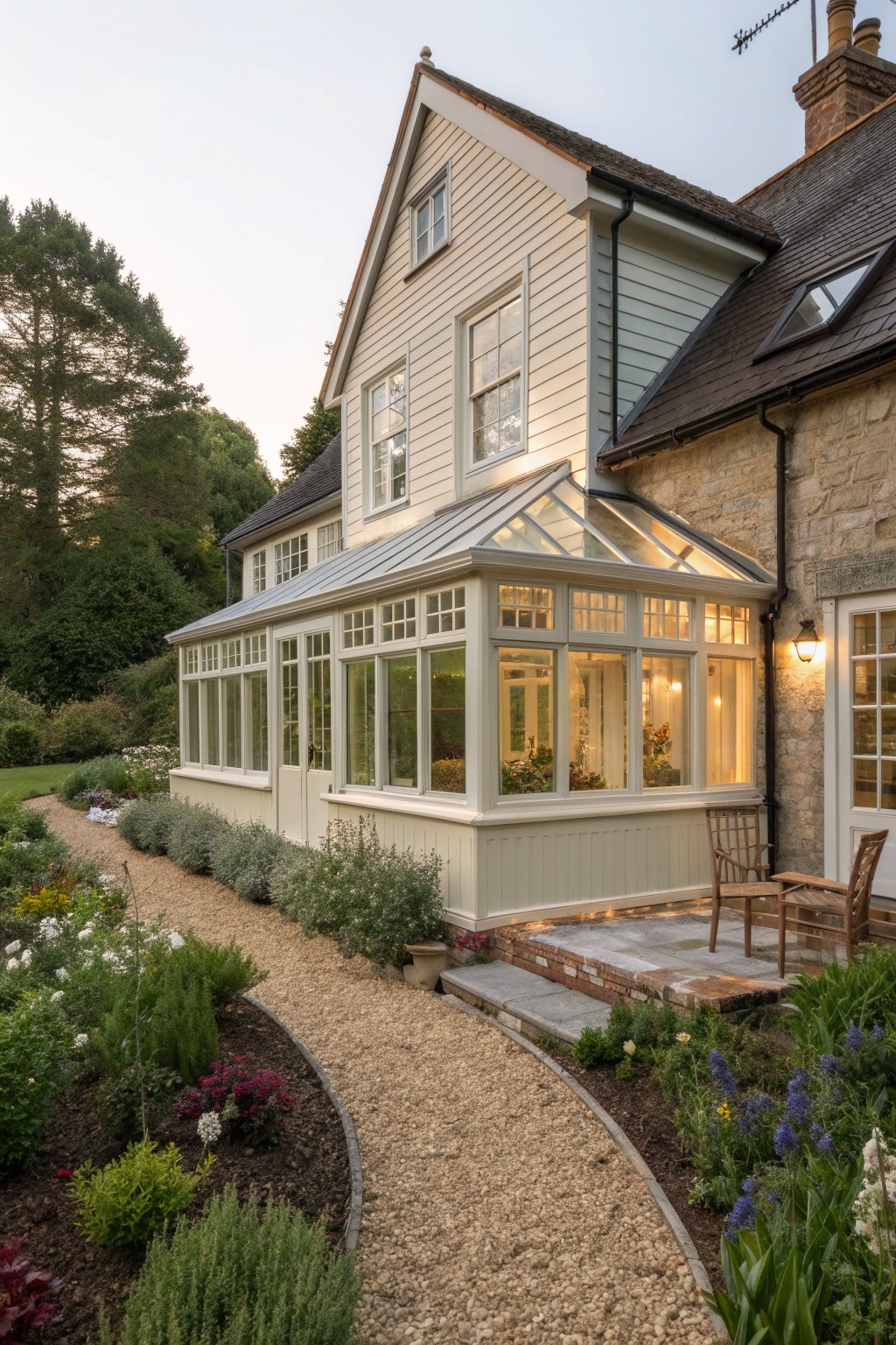 A white Victorian farmhouse exterior with a glass conservatory addition, stone walls on the right, and a curving gravel path through flower beds.