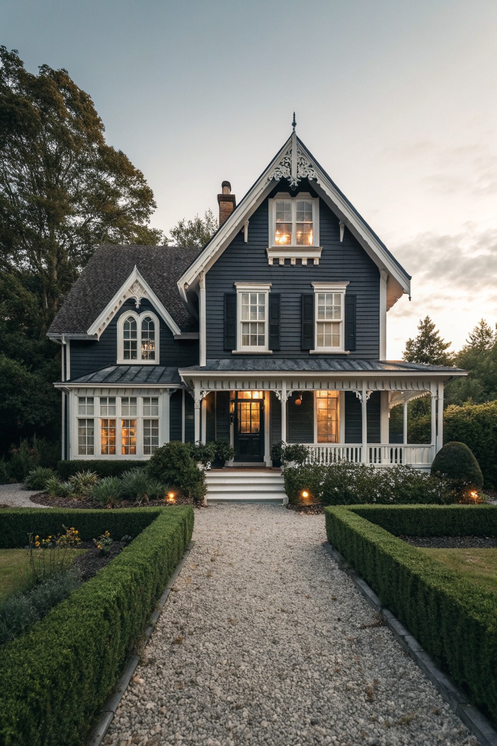 Dark blue Victorian house with white trim, lit porch, and gravel path at dusk