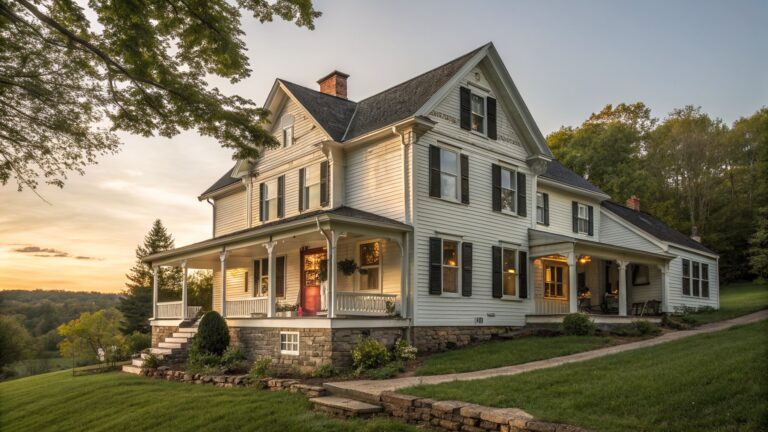 A white Victorian farmhouse with a wide wraparound porch, dark shutters, and stone steps leading to the front door at dusk.