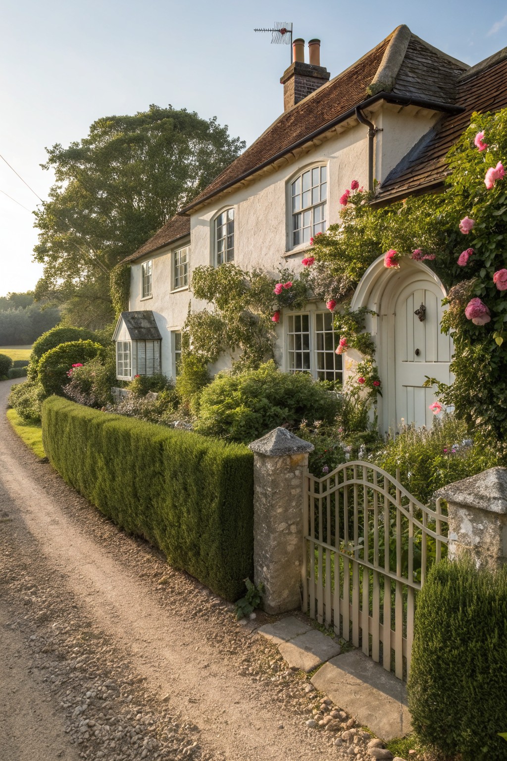 A white stucco Victorian farmhouse exterior with an arched white door framed by climbing pink roses, a low stone pillar, and a metal gate beside a dirt path.