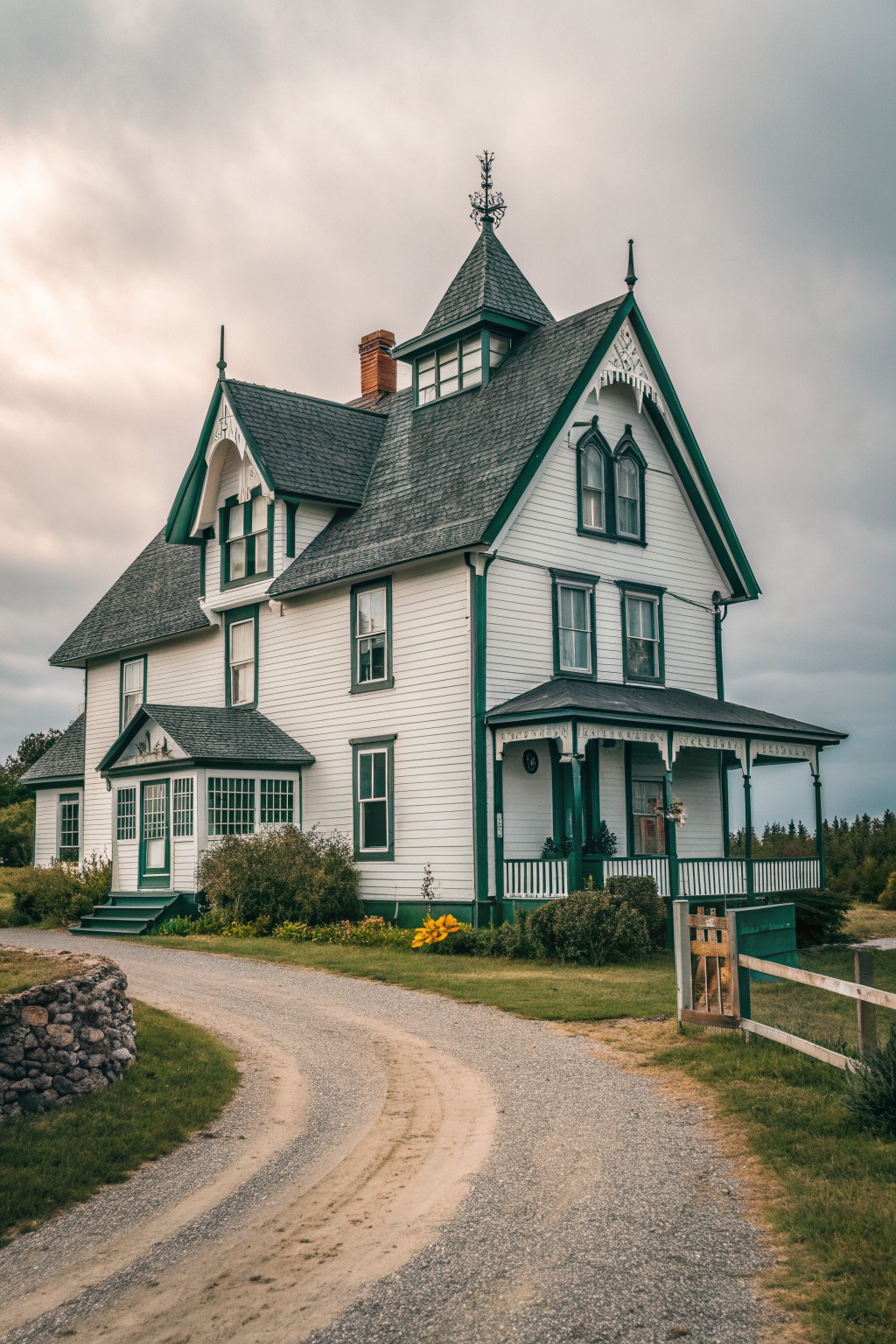 A large white Victorian farmhouse with green trim, multiple steep roofs, and a gravel driveway in the foreground.