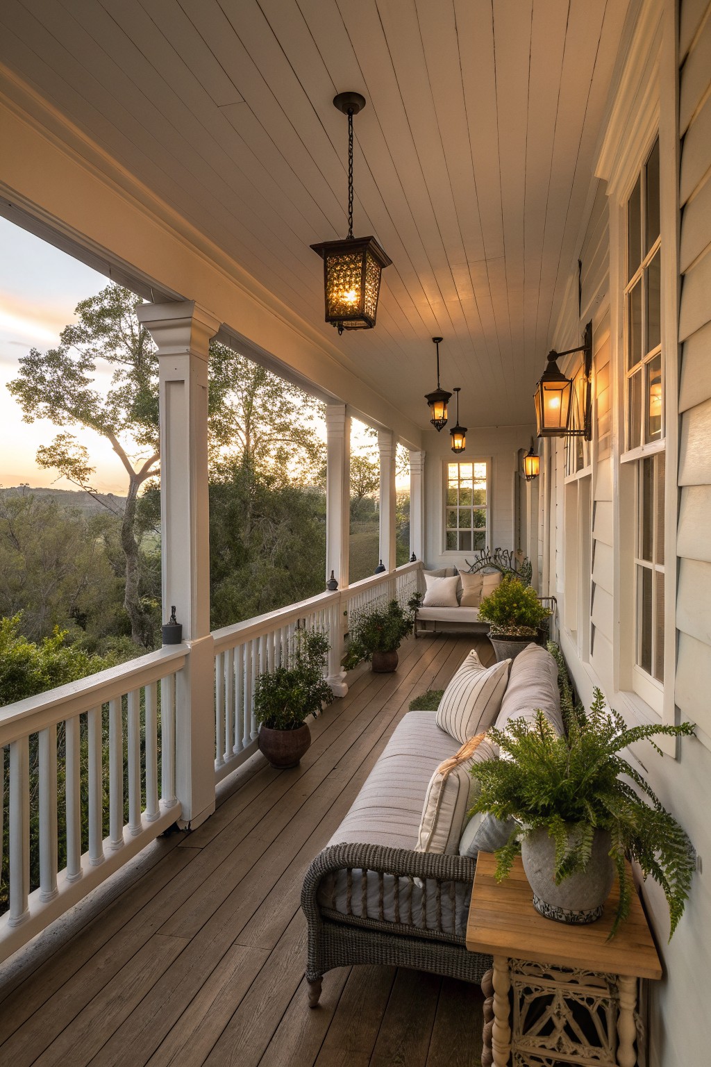 A long wooden porch with wicker seating, striped cushions, potted ferns, and several glowing lanterns overlooking trees at dusk.