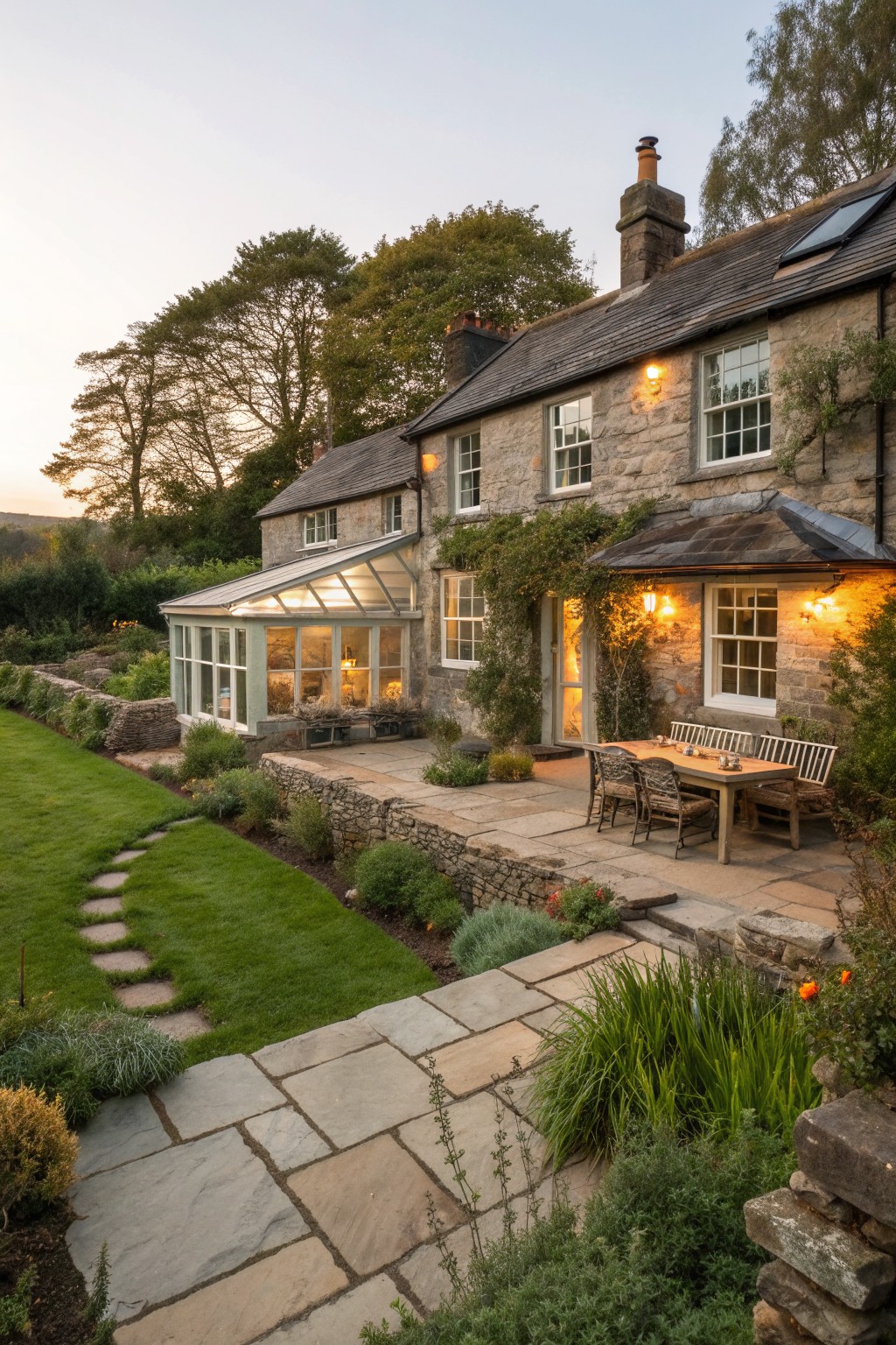 A stone Victorian farmhouse exterior with a glass conservatory extension, attached stone patio holding a wooden dining table and chairs, and surrounding garden paths.