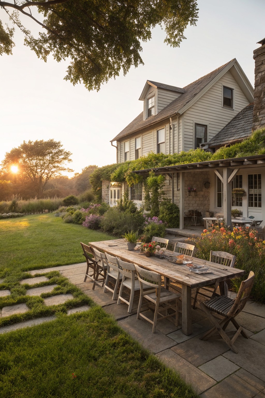 A long weathered wood dining table with mismatched wooden chairs sits on a stone patio beside a light gray Victorian farmhouse with climbing vines and flower beds.