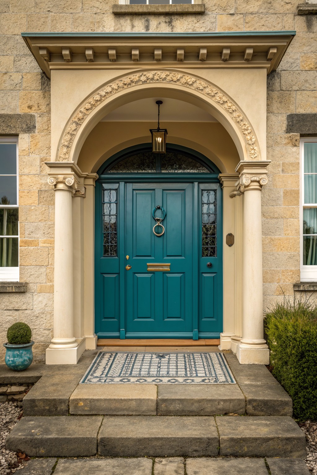 Teal paneled door with brass knocker under arched stone entry with lantern and doormat.