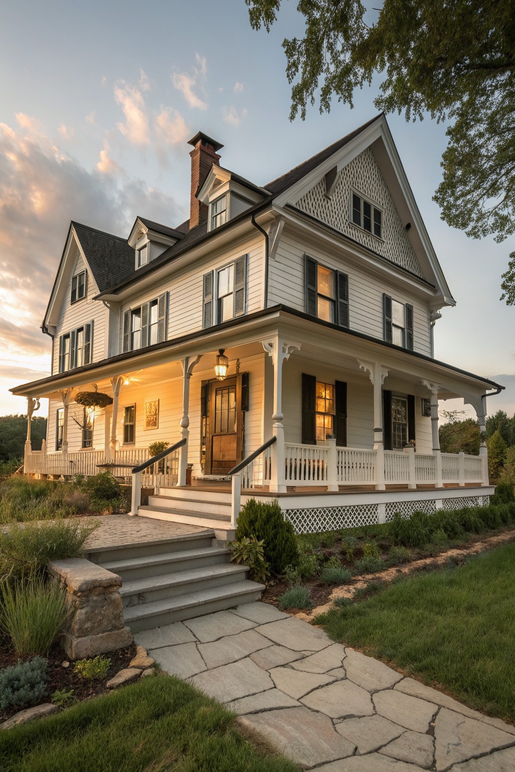 A white Victorian farmhouse with a wide wraparound porch, dark shutters, and stone steps leading to the front door at dusk.