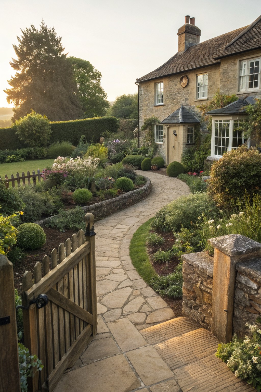 A curved stone pathway leads through layered garden beds toward the front door of a stone house, with a wooden gate open in the foreground.