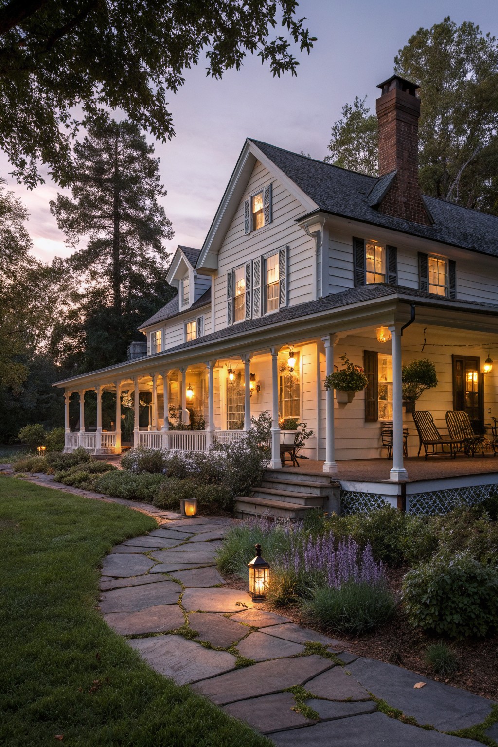 A two-story white Victorian farmhouse with a wraparound porch, lit lanterns, brick chimney, and a stone pathway leading through the garden at dusk.