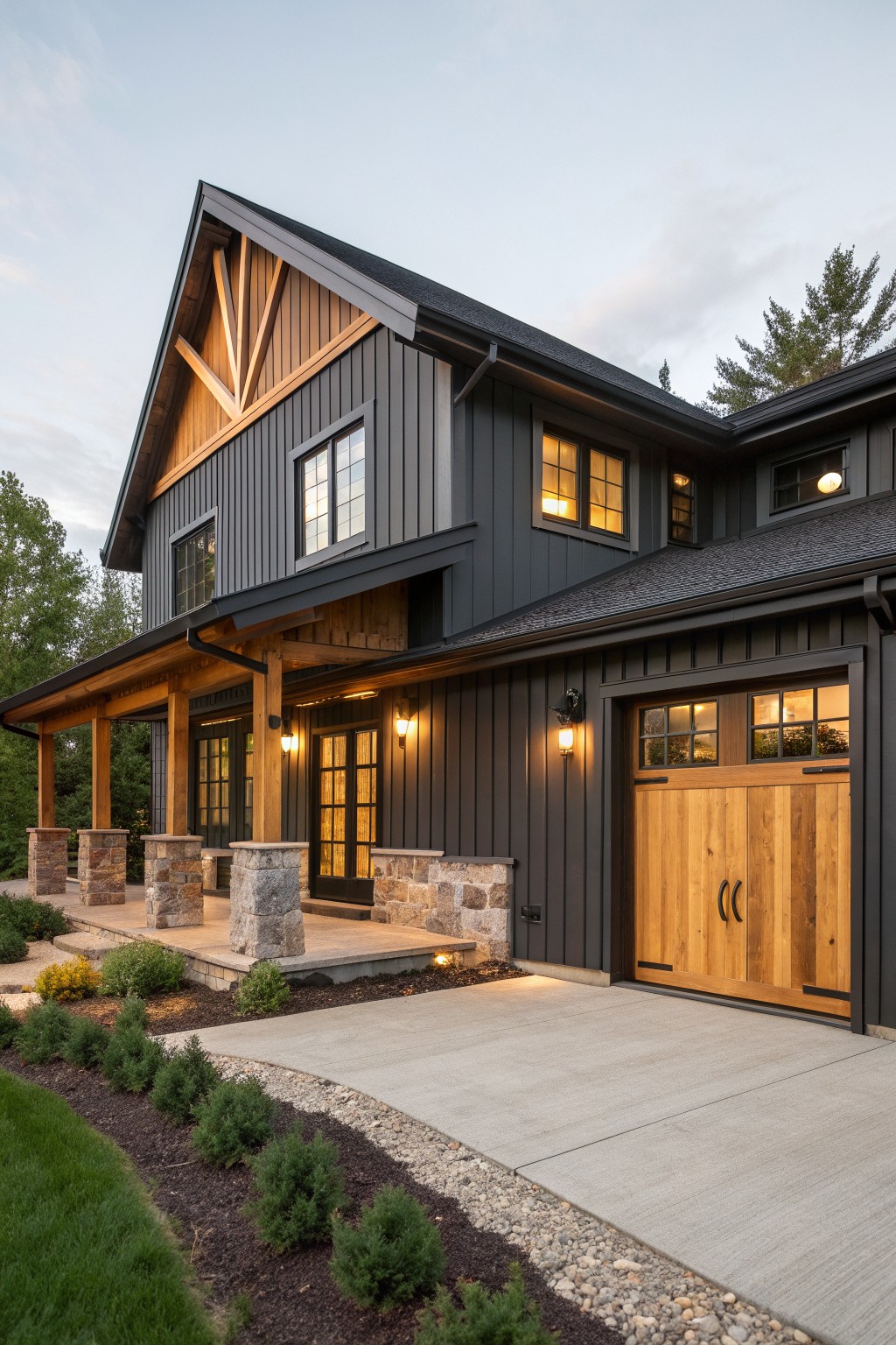 Modern two-story house with dark siding, wooden garage doors, stone pillars and lit windows at dusk