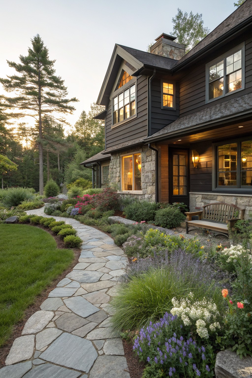 A dark farmhouse exterior with cedar wood accents around the door and windows, a stone foundation, and a curved stone pathway through garden beds.