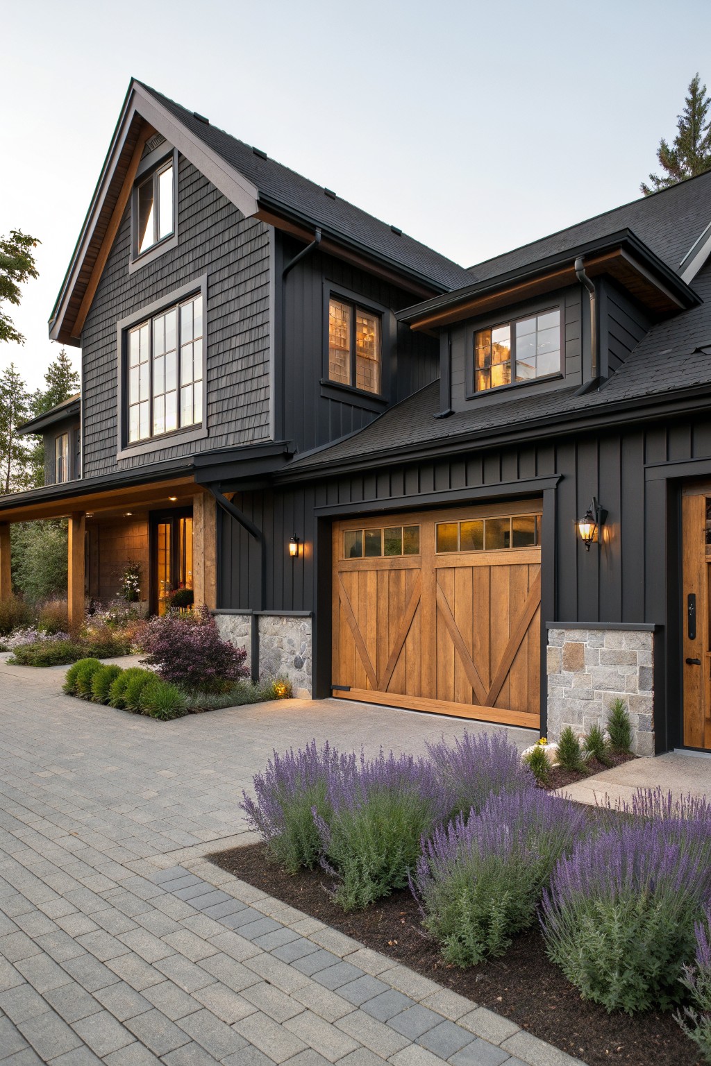 A dark gray farmhouse exterior featuring a large wooden garage door, stone base accents, and purple flowering plants beside a paved driveway.