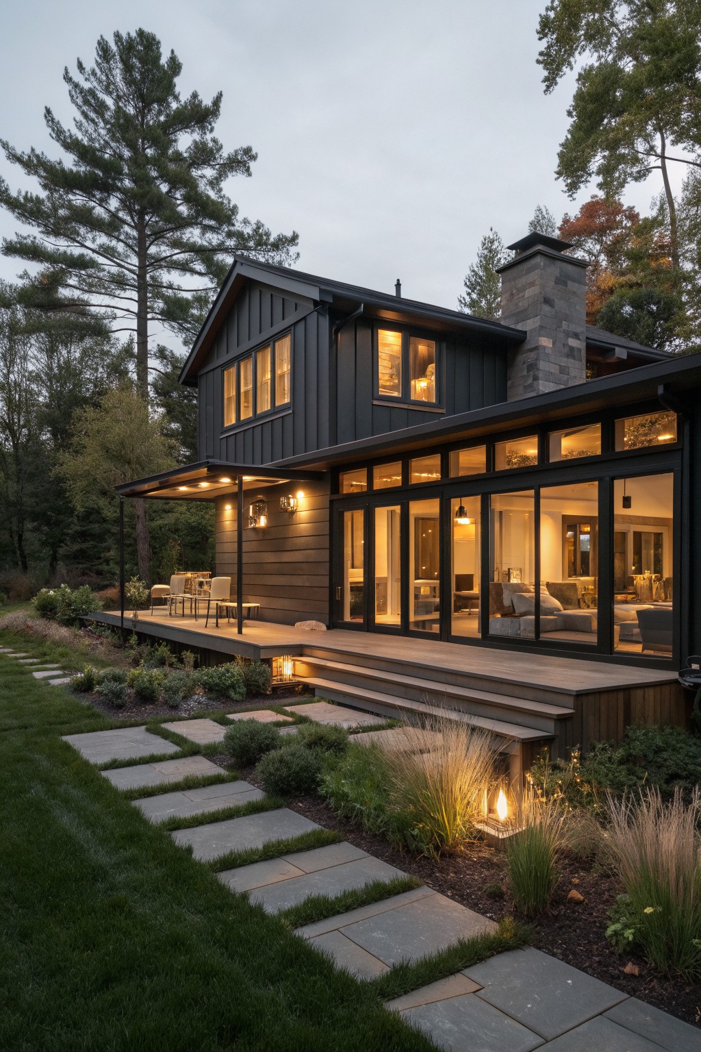 A two-story dark green farmhouse with cedar accents, large glass windows, a wooden deck, stone chimney, and stone pathway through the garden at dusk.