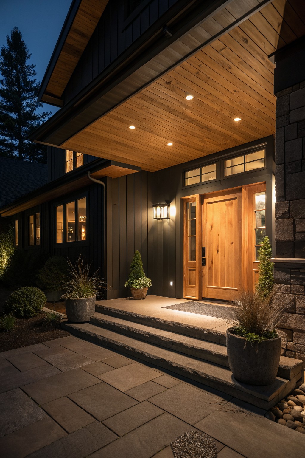 Wooden door under lit porch on dark house with stone steps and potted plants