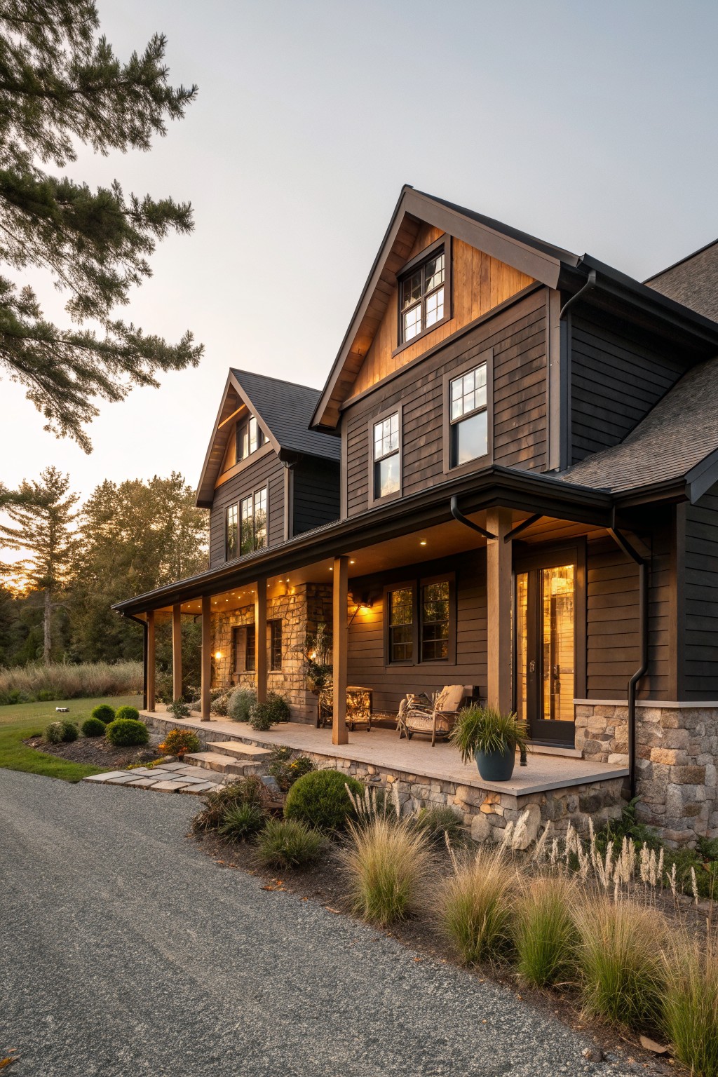 A dark wood farmhouse with cedar accents on the gables, a stone base, and a covered front porch.