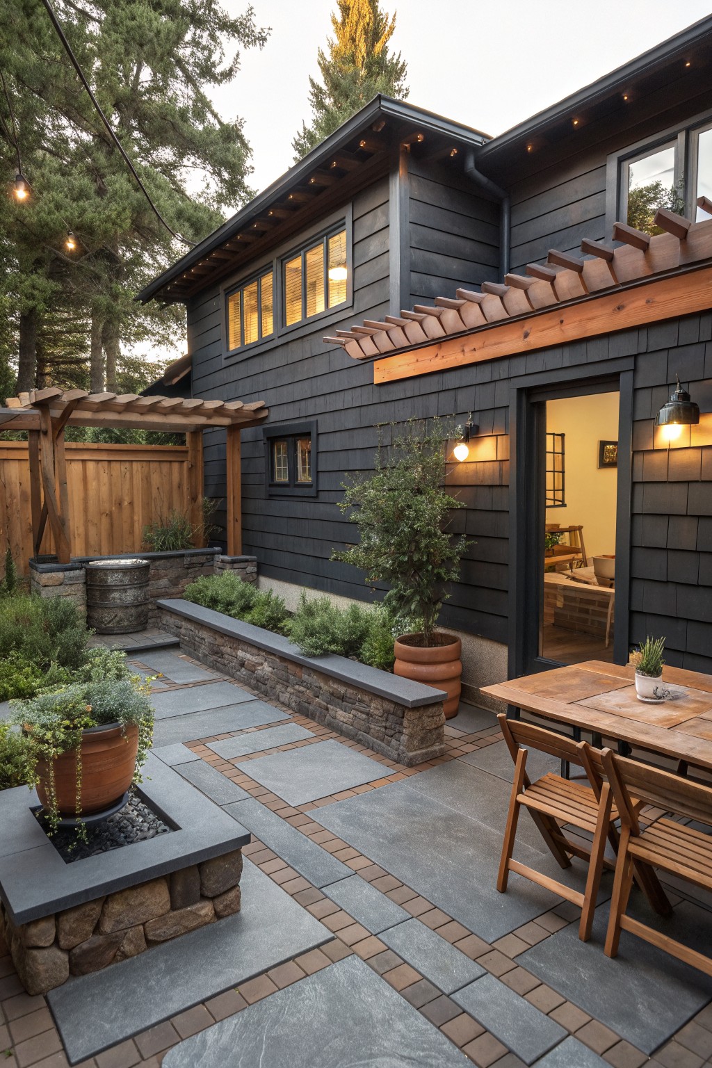 A dark farmhouse exterior with cedar accents includes a wooden dining table and chairs on a paved patio area.