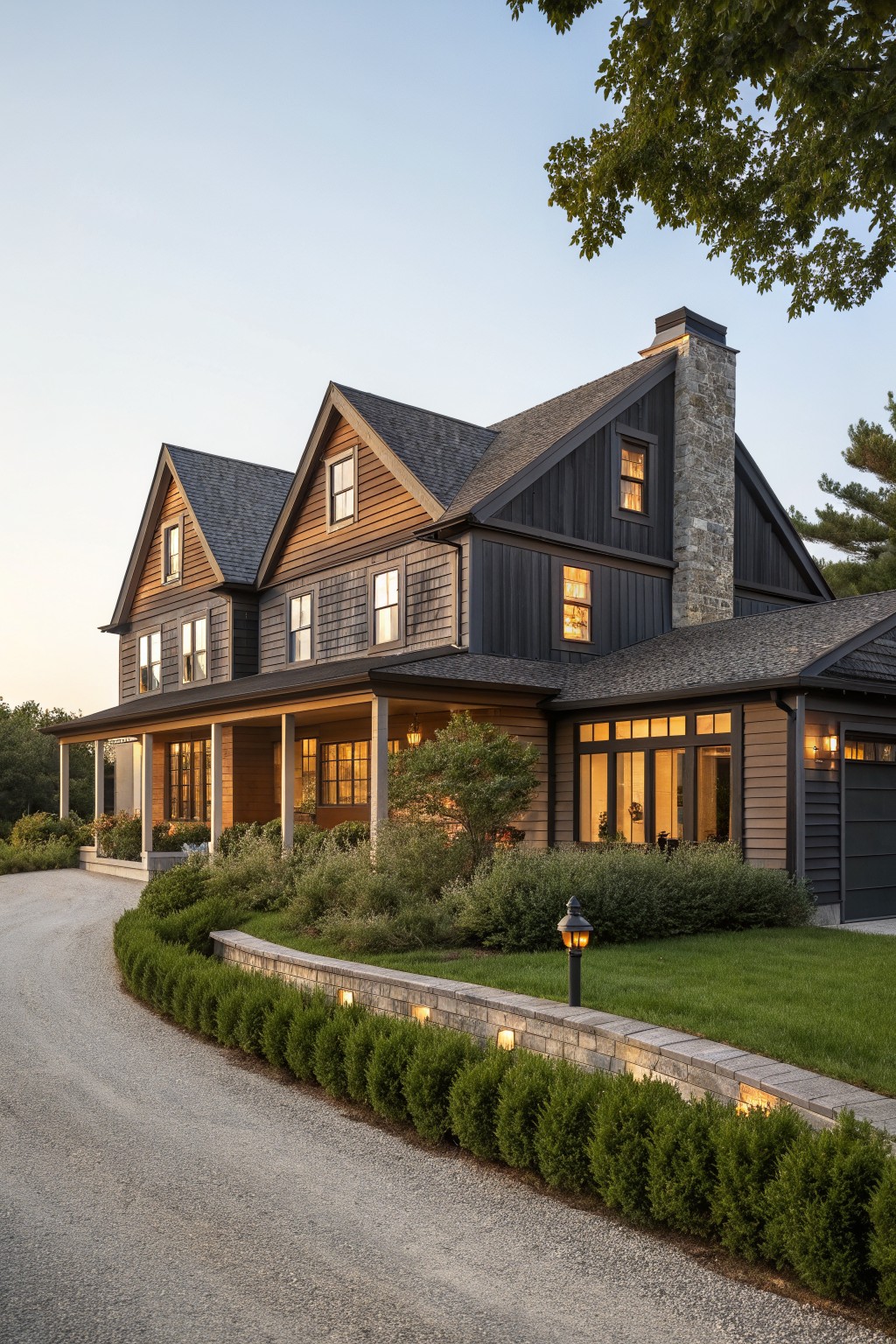 Large wooden house with dark siding, stone chimney, lit windows, and landscaped garden at dusk