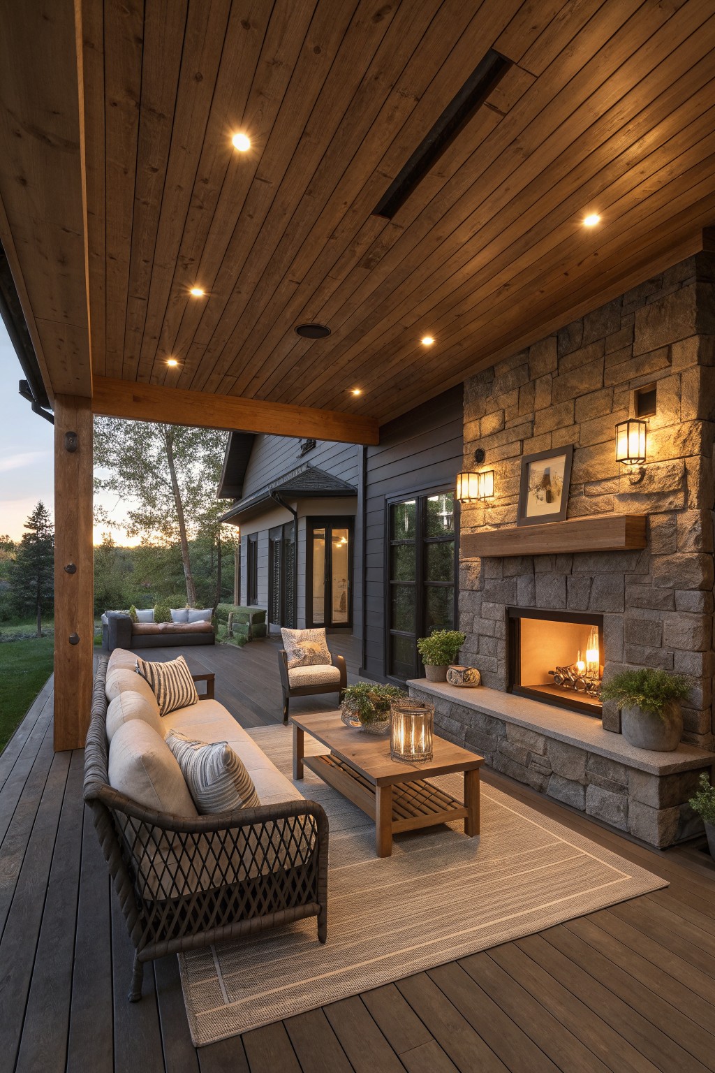 A covered deck with a wooden ceiling, stone fireplace, sofa, and seating area arranged on a rug.