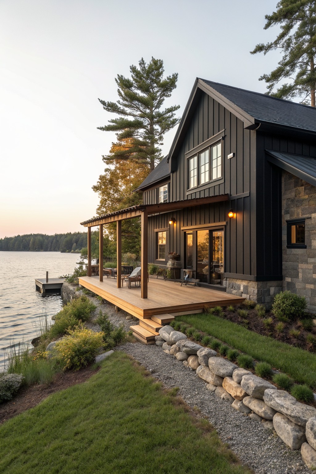 A dark modern farmhouse with a large cedar deck, stone foundation, and lit windows overlooking a lake at dusk.