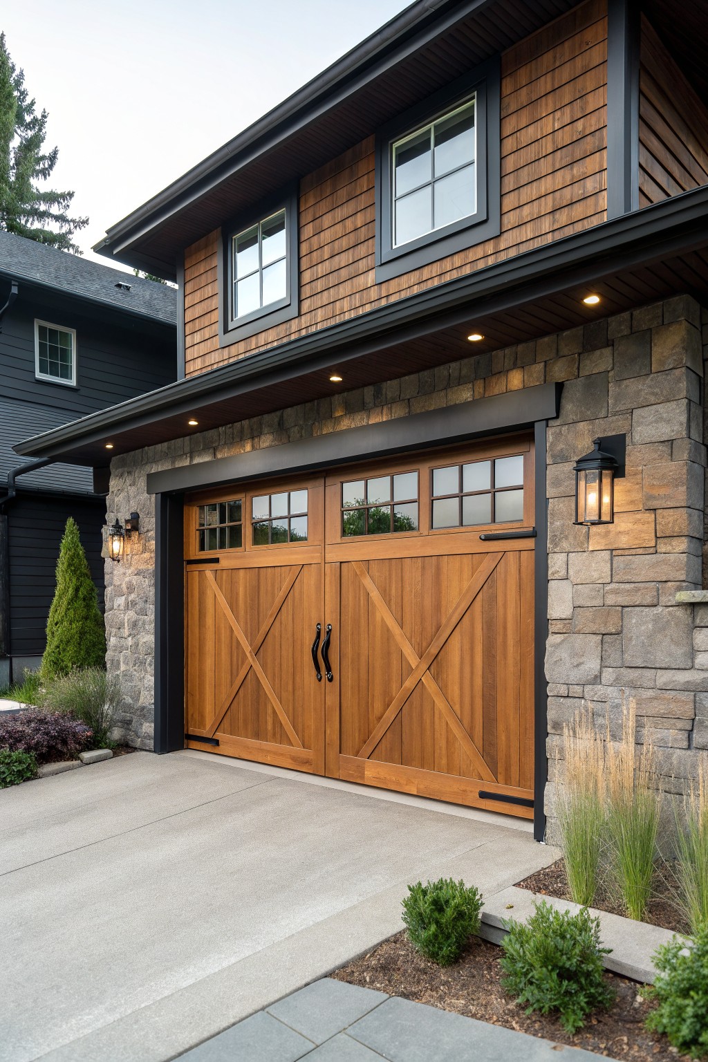 Modern wooden garage doors with X-bracing on a stone-and-shingle house.