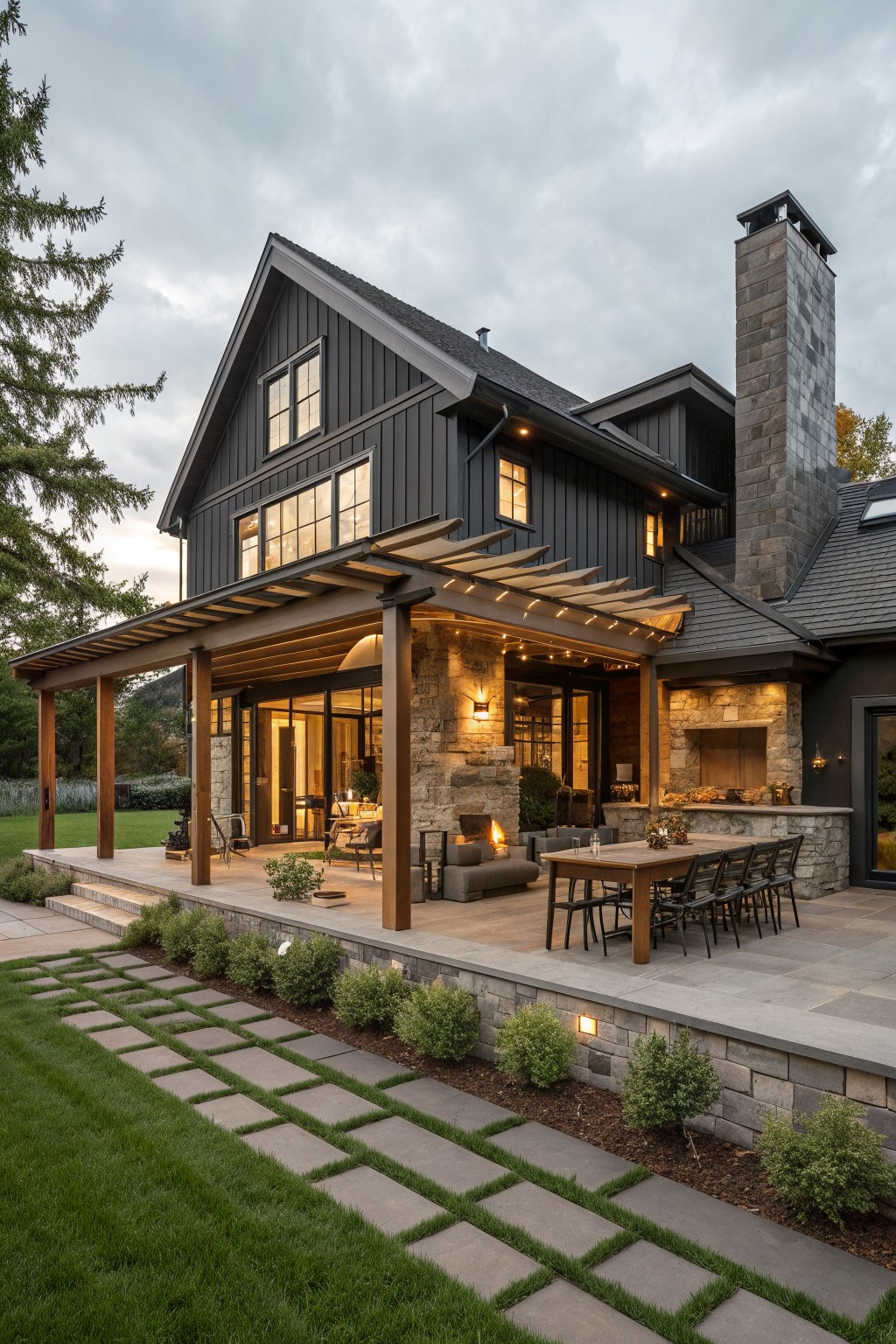 Modern dark house with lit pergola, stone patio, outdoor dining and fireplace at dusk