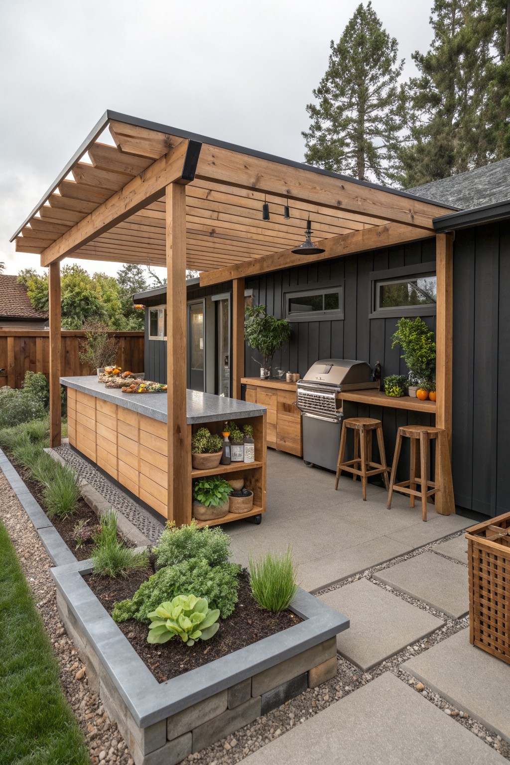 Outdoor kitchen under a wooden pergola with gray countertop, built-in grill, two wooden stools, and dark house siding in the background.