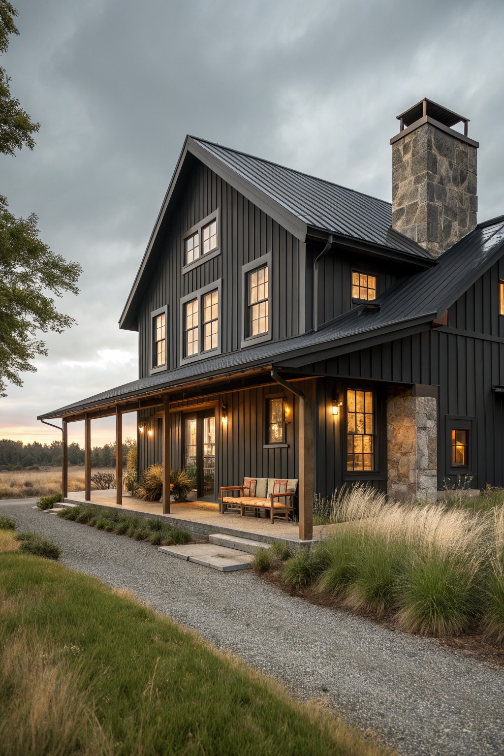 A dark farmhouse exterior with black siding, a covered porch supported by wooden posts, a stone chimney, and warm light coming from the windows at dusk.