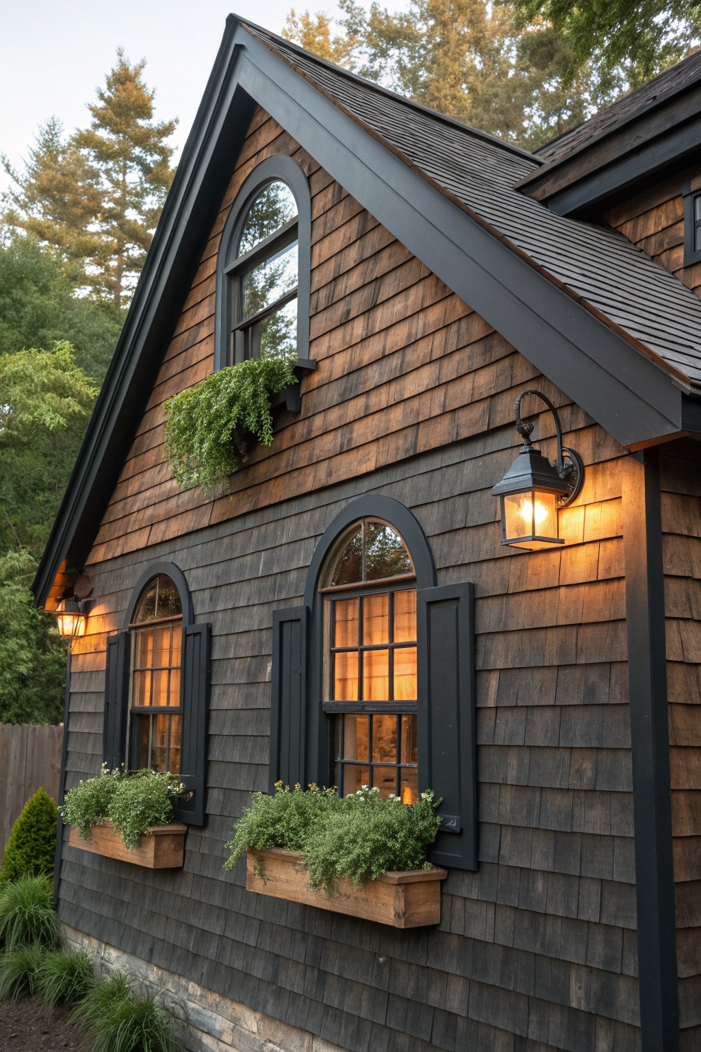 Dark wooden house with arched windows, black shutters, flower boxes, and glowing lanterns.