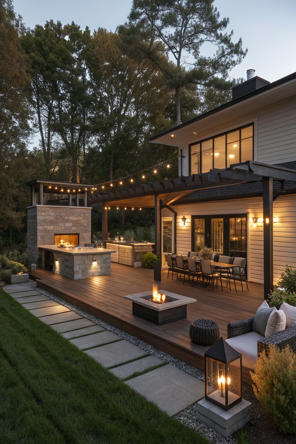 A wooden deck attached to a house shows an outdoor kitchen on the left, a long dining table under a pergola, a central stone fire pit, and lounge seating with string lights overhead in the evening.