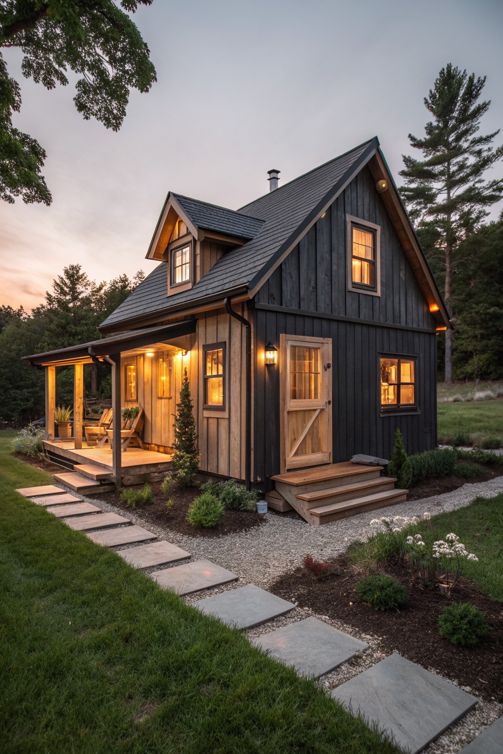 Cozy dark wooden cabin with glowing windows, porch chairs, and stone path at dusk