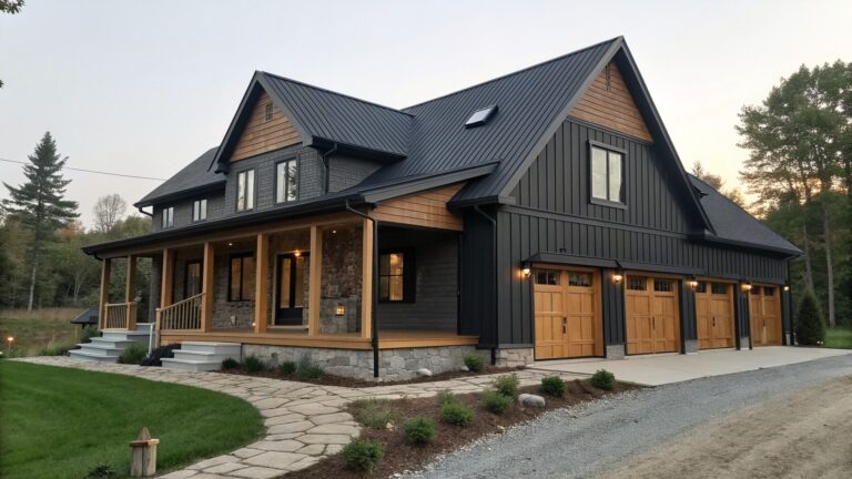 Modern two-story house with dark siding, wooden garage doors, stone pillars and lit windows at dusk