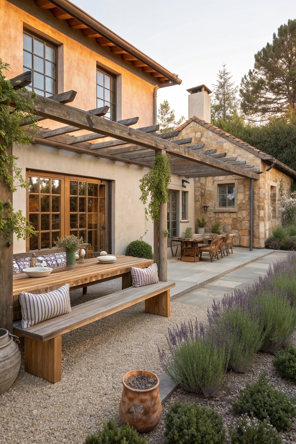 A rustic stone and stucco house with a wooden pergola covering a long dining table and benches on a gravel patio lined with lavender.
