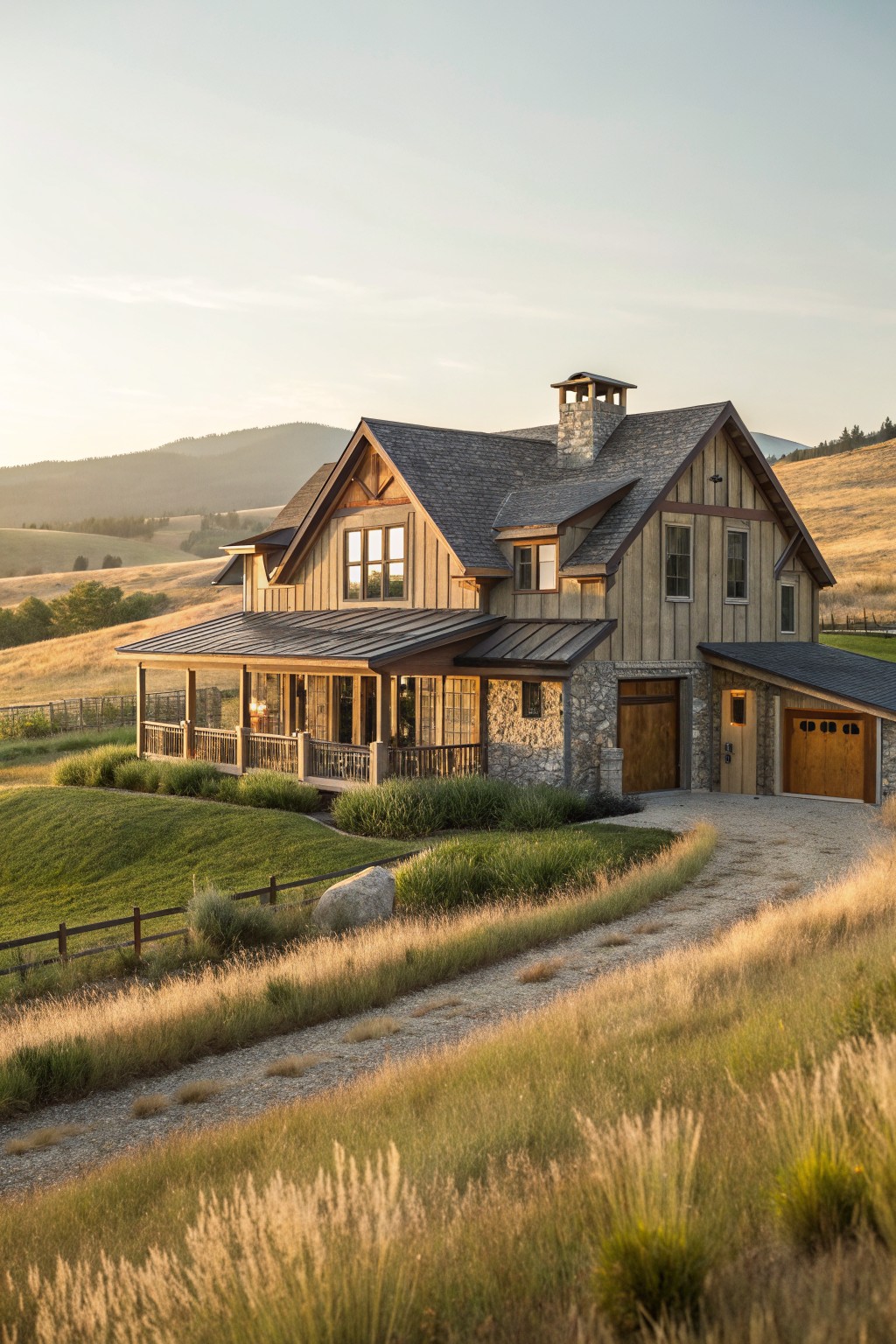 A large wooden house with stone accents, a metal porch roof, and a gravel driveway sits in a grassy hillside landscape with mountains behind it.