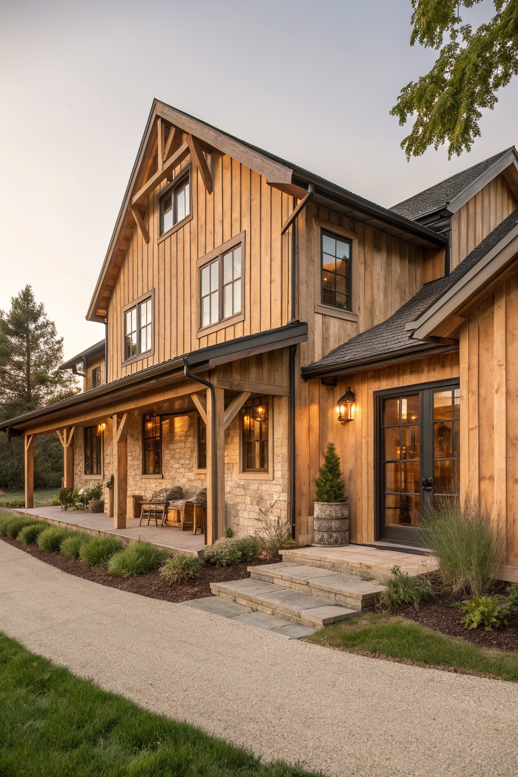 A two-story wooden farmhouse with vertical light wood siding, stone accents on the lower walls, a covered porch, dark-framed windows, and stone steps at the entrance.