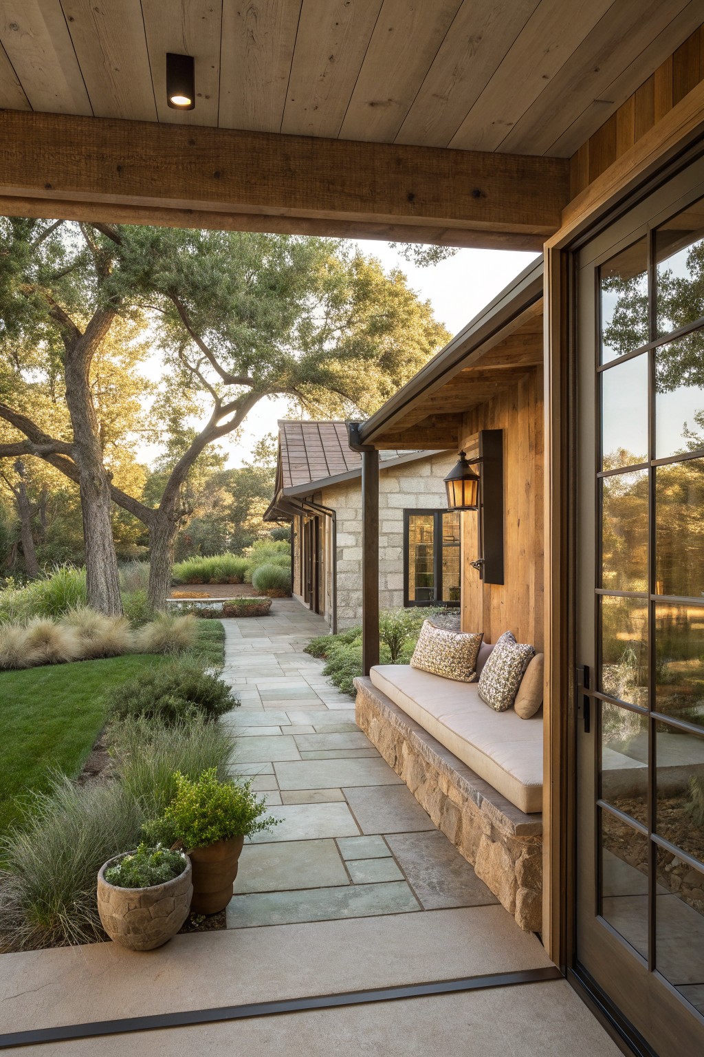 A covered wooden porch with a long built-in bench on a stone base next to open glass doors overlooking a stone path and garden.